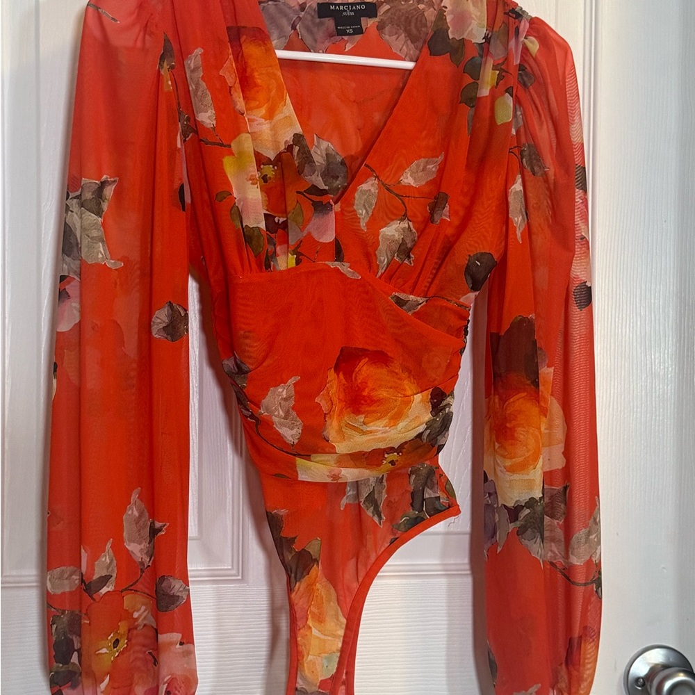 Marciano Orange Asymmetrical Long Sleeve Bodysuit